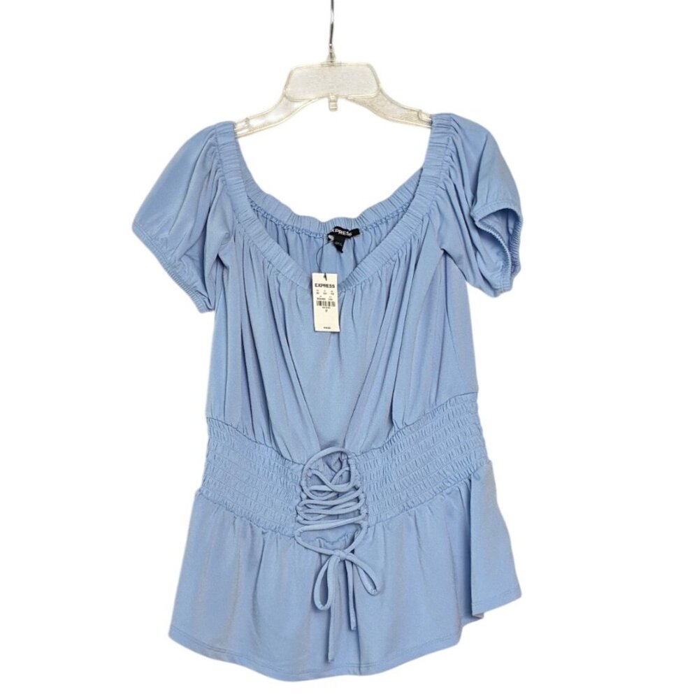 NWT Express Off-Shoulder Top Lace-Up Baby Blue‎ Smocked Waist Size Medium Blouse - Picture 13 of 13